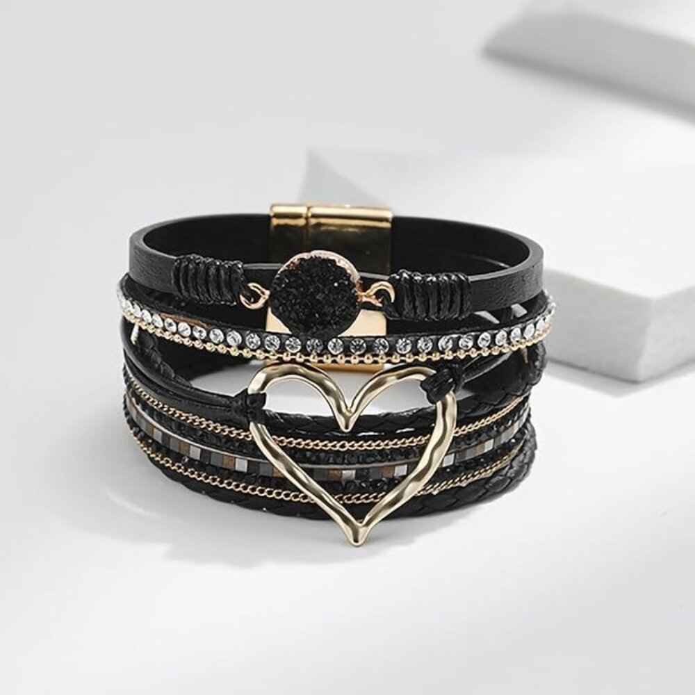 Leopard Bracelet for Women, Boho Leather Wrap Multi-Layer Pearl Crystal
